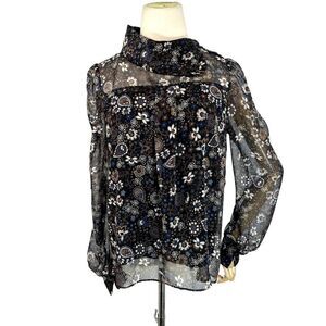 See by Chloe Womens Black Floral Top Puff Long Sleeve Semi Sheer Size 6 38